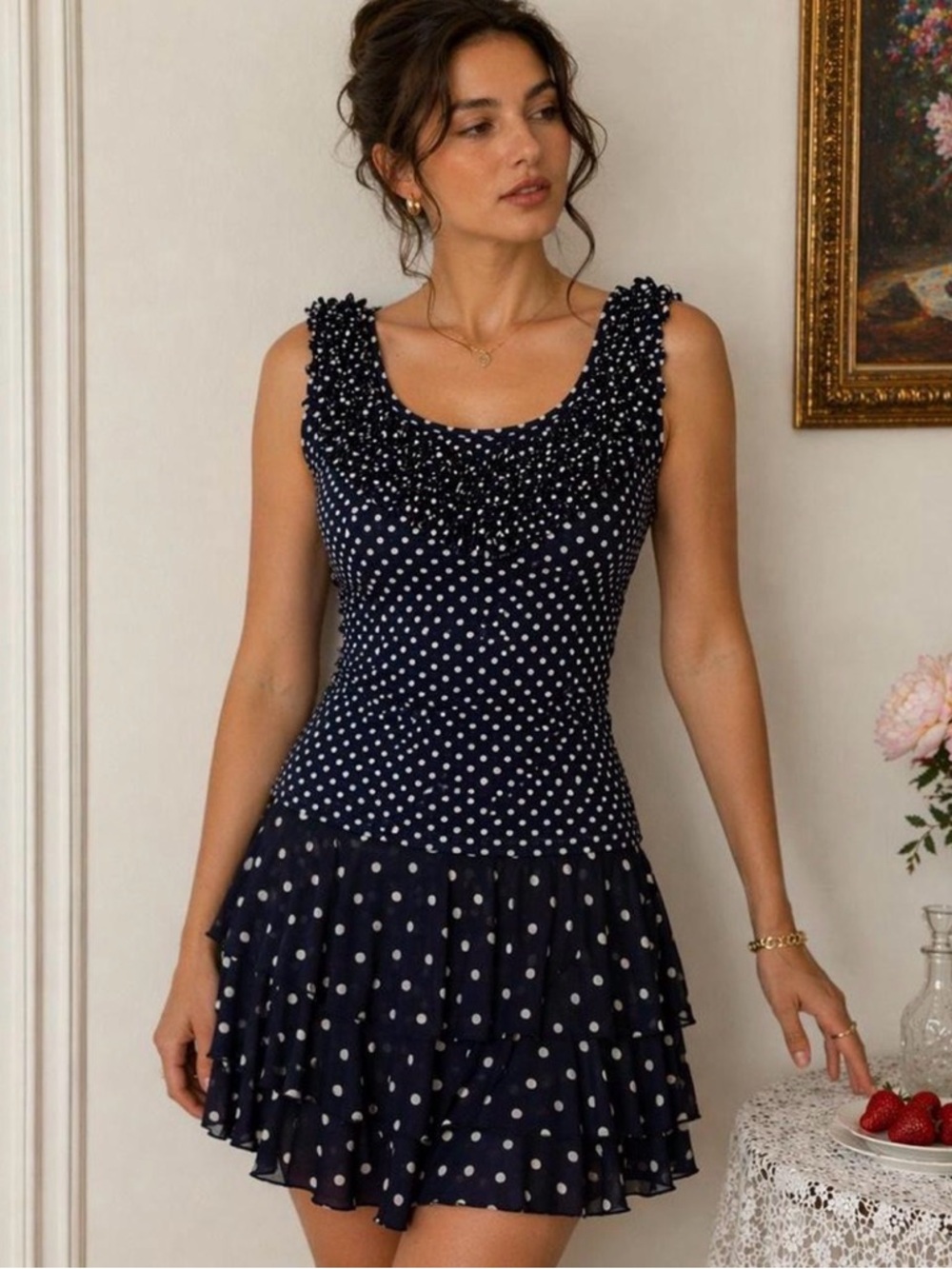 Vtg. Y2K Parisian Coquette Navy Polka Dot 2Pc Set Tank & Tiered Mini Skirt S/M - Picture 1 of 14
